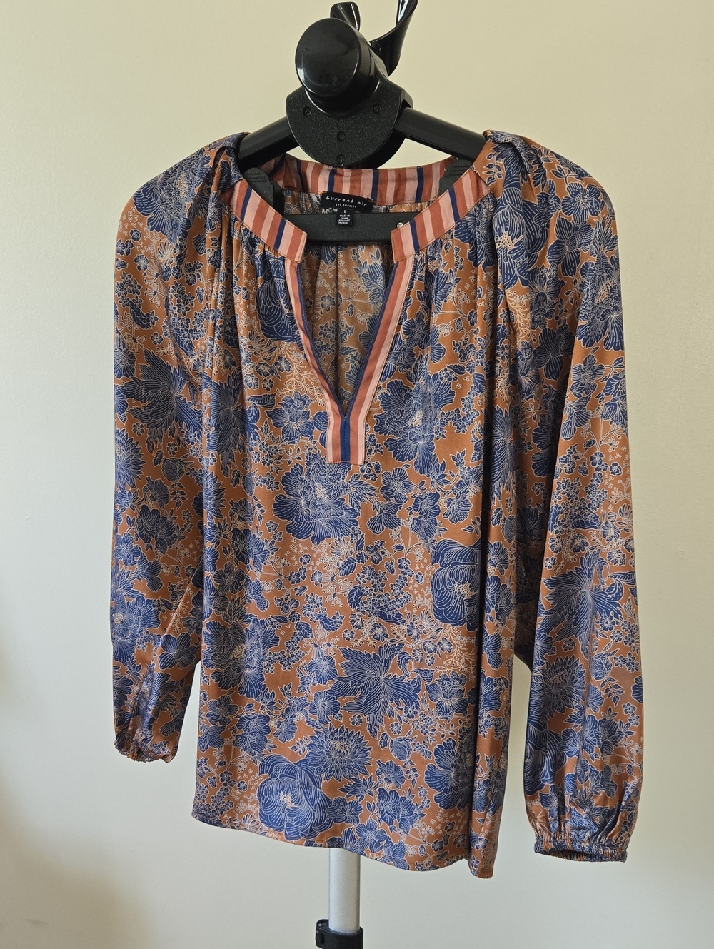Current Air Navy and Tan Floral Long-Sleeve Peasant Blouse